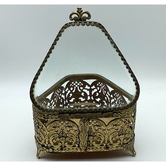 1920s Jewelry Casket Triangle French Pierced Gilt Brass & Beveled Glass - Picture 5 of 8